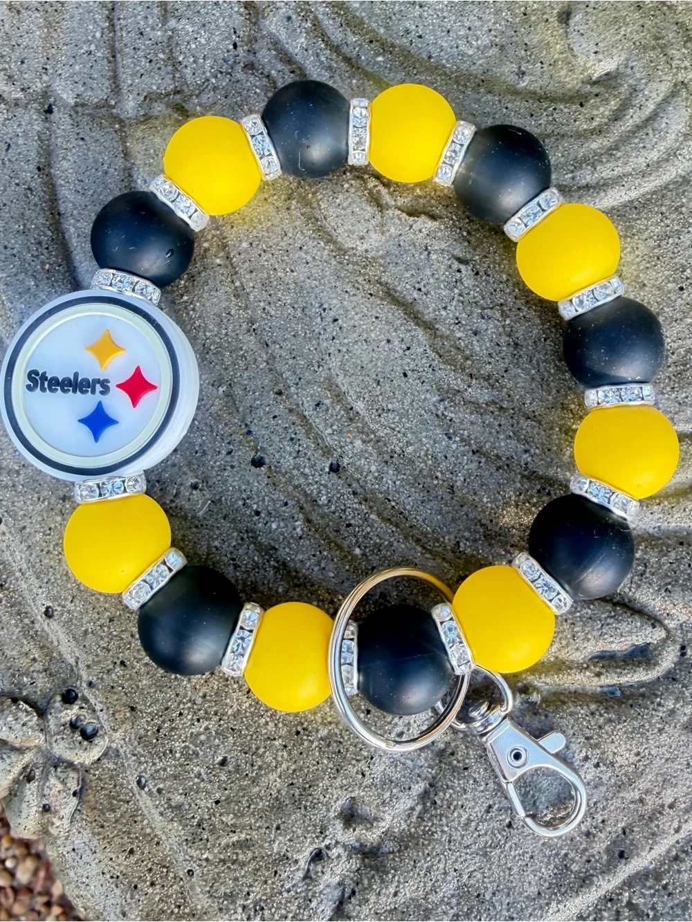 Steelers Inspired Black Gold Silicone Beaded Wristlet Keychain Football